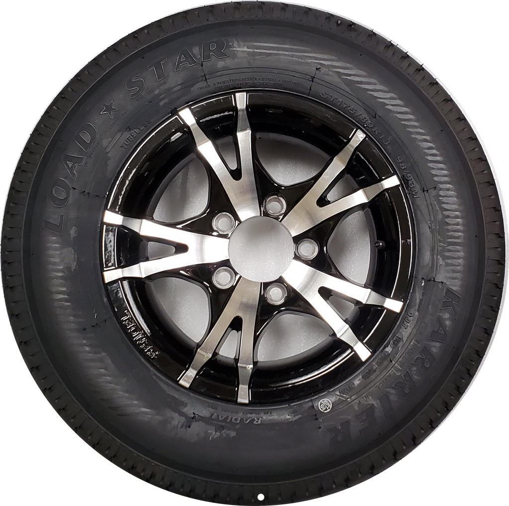 Pneu et roue en aluminium usiné noir à rayons en V de 13 po ST175/80R13 D Plage de charge